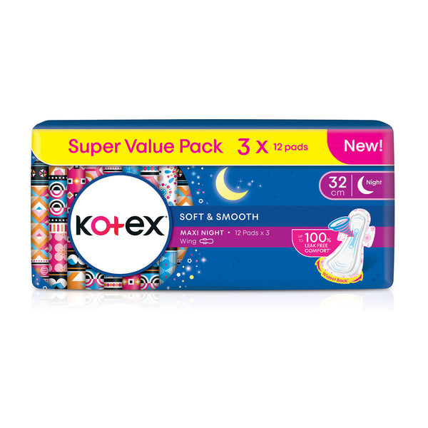 Kotex Soft and Smooth Overnight Wings Pads 32cm 12sheets x 3