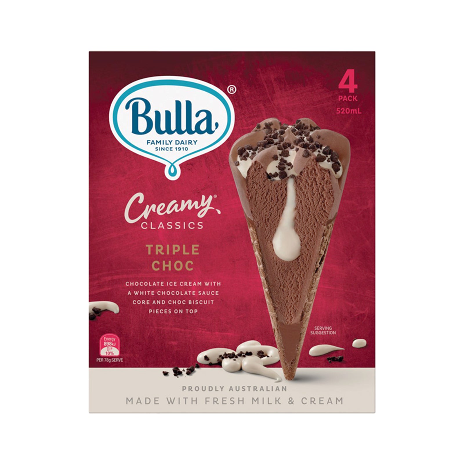 Bulla Creamy Classic Triple Chocolate Cone Ice Cream 4pcs/pack