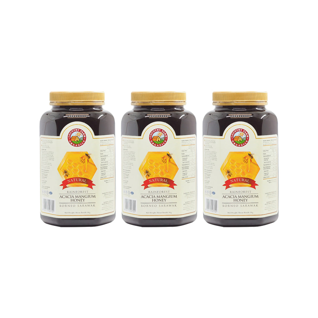 Country Farm Organic Natural Rainforest Acacia Mangium Honey 1kg x 3