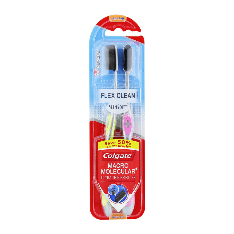 Colgate SlimSoft Charcoal Toothbrush Flex Clean Macromolecular Multipack 2pcs